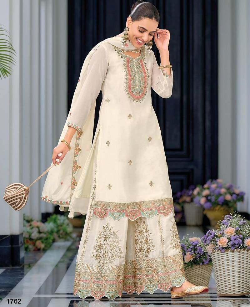 White premium embroidered chinon readymade salwar suit  - full stitched free size
