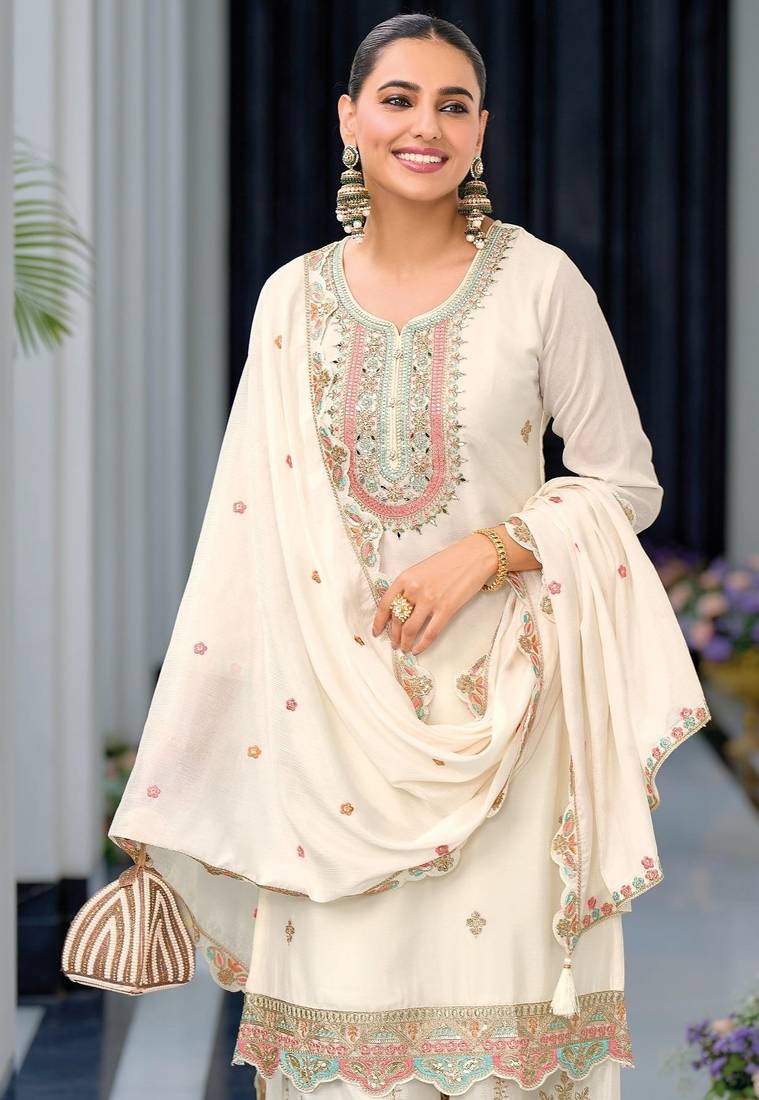 White premium embroidered chinon readymade salwar suit  - full stitched free size