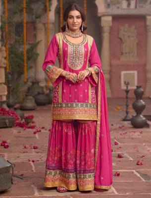Rani-pink chinon readymade palazzo suit with codding dori & sequin - full stitched free size 1