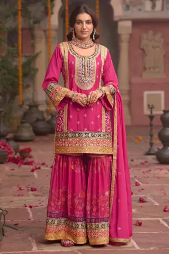 Rani-pink chinon readymade palazzo suit with codding dori & sequence work - full stitched free size