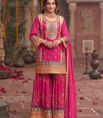 Rani-pink chinon readymade palazzo suit with codding dori & sequence work - full stitched free size