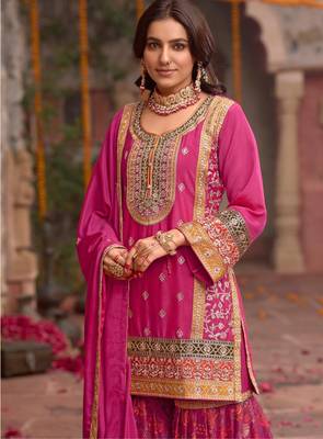 Rani-pink chinon readymade palazzo suit with codding dori & sequin - full stitched free size 2