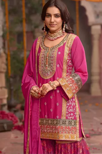 Rani-pink chinon readymade palazzo suit with codding dori & sequin - full stitched free size