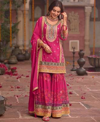 Rani-pink chinon readymade palazzo suit with codding dori & sequin - full stitched free size 3