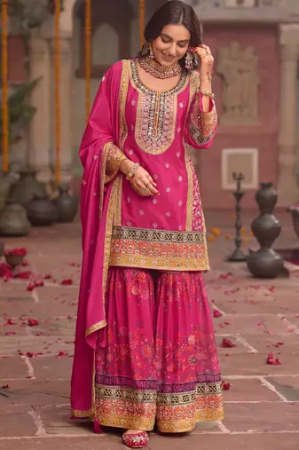 Rani-pink chinon readymade palazzo suit with codding dori & sequin - full stitched free size