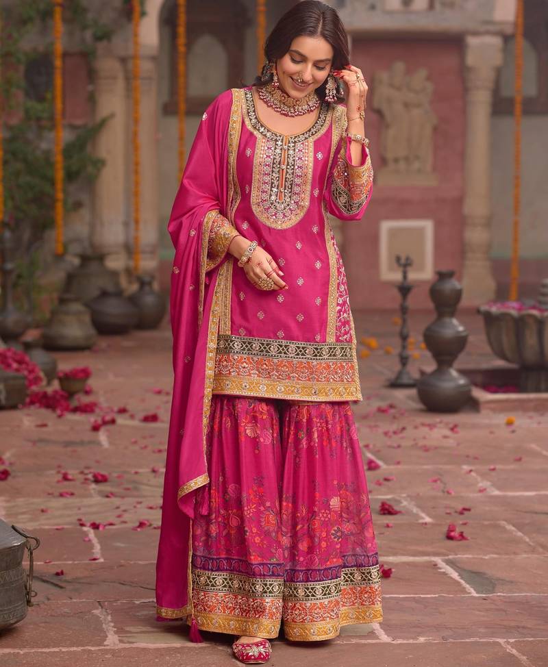 Rani-pink chinon readymade palazzo suit with codding dori & sequence work - full stitched free size