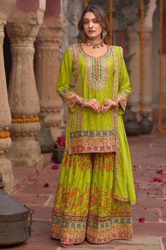 Parrot-green chinon readymade palazzo suit with codding dori & sequence work - full stitched free size