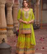 Parrot-green chinon readymade palazzo suit with codding dori & sequence work - full stitched free size