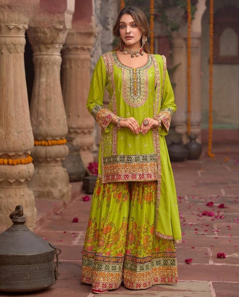 Parrot-green chinon readymade palazzo suit with codding dori & sequence work - full stitched free size
