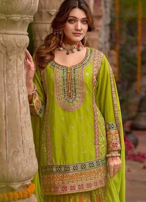 Parrot-green chinon readymade palazzo suit with codding dori & sequin - full stitched free size 2