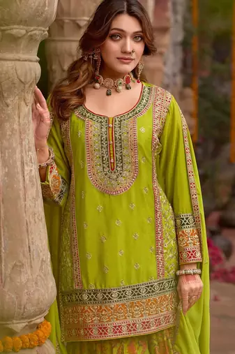 Parrot-green chinon readymade palazzo suit with codding dori & sequin - full stitched free size