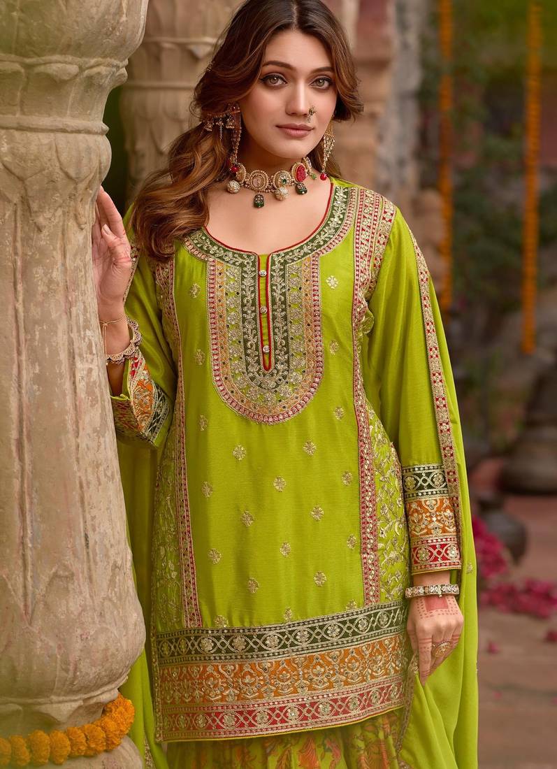 Parrot-green chinon readymade palazzo suit with codding dori & sequence work - full stitched free size