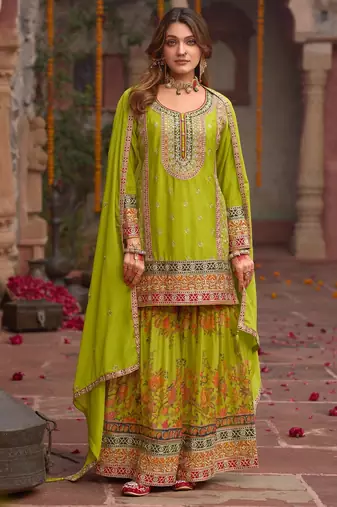 Parrot-green chinon readymade palazzo suit with codding dori & sequin - full stitched free size