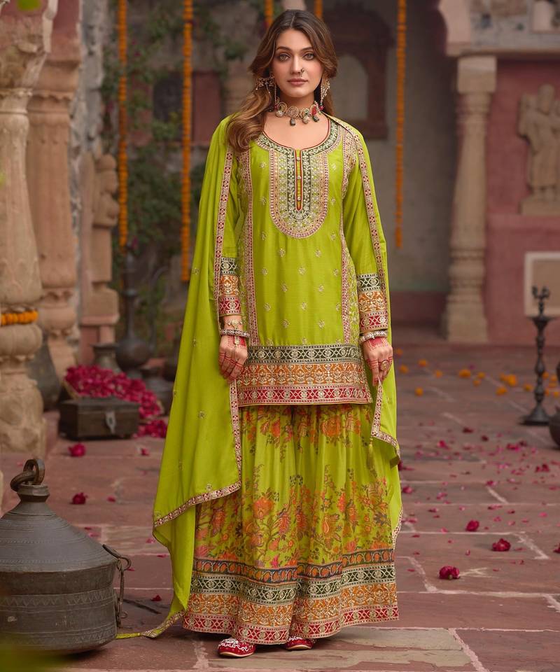 Parrot-green chinon readymade palazzo suit with codding dori & sequence work - full stitched free size