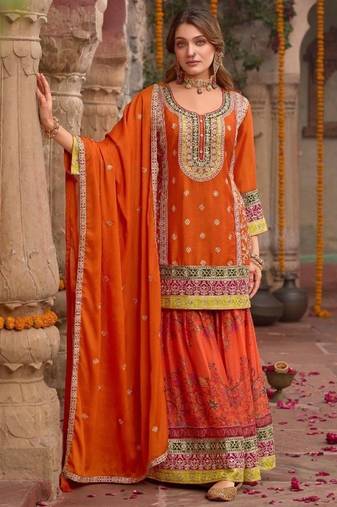 Orange chinon readymade palazzo suit with codding dori & sequence work - full stitched free size