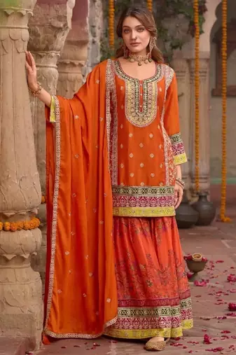 Orange chinon readymade palazzo suit with codding dori & sequence work - full stitched free size