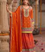 Orange chinon readymade palazzo suit with codding dori & sequence work - full stitched free size