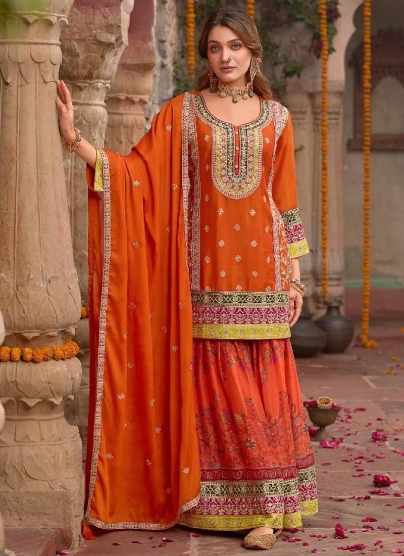 Orange chinon readymade palazzo suit with codding dori & sequence work - full stitched free size