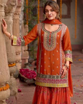 Orange chinon readymade palazzo suit with codding dori & sequin - full stitched free size 2