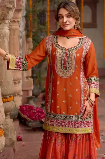 Orange chinon readymade palazzo suit with codding dori & sequin - full stitched free size