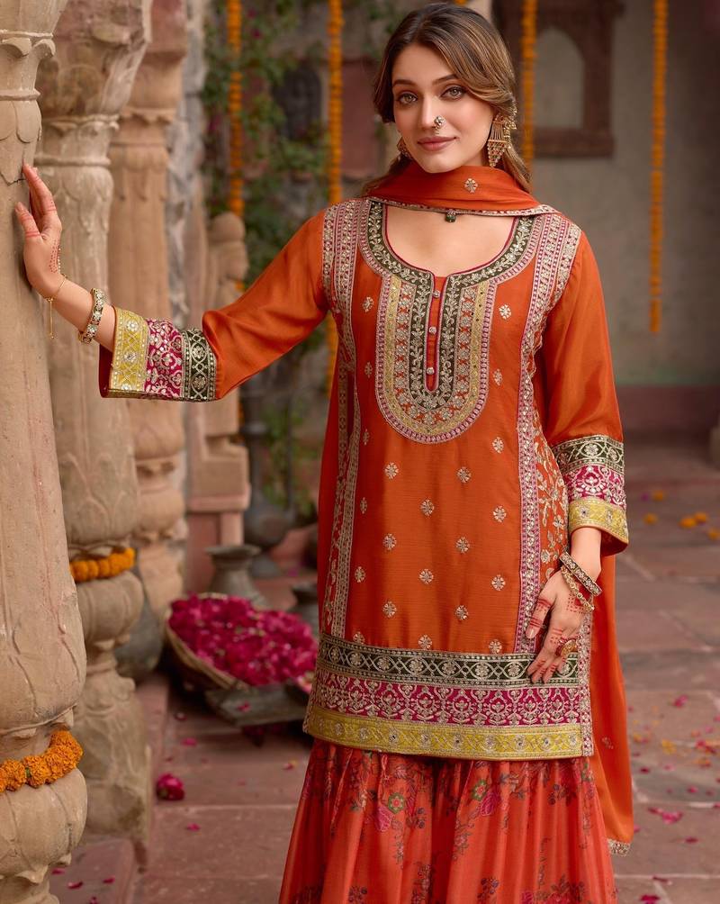 Orange chinon readymade palazzo suit with codding dori & sequence work - full stitched free size