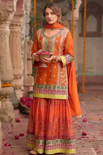 Orange chinon readymade palazzo suit with codding dori & sequin - full stitched free size