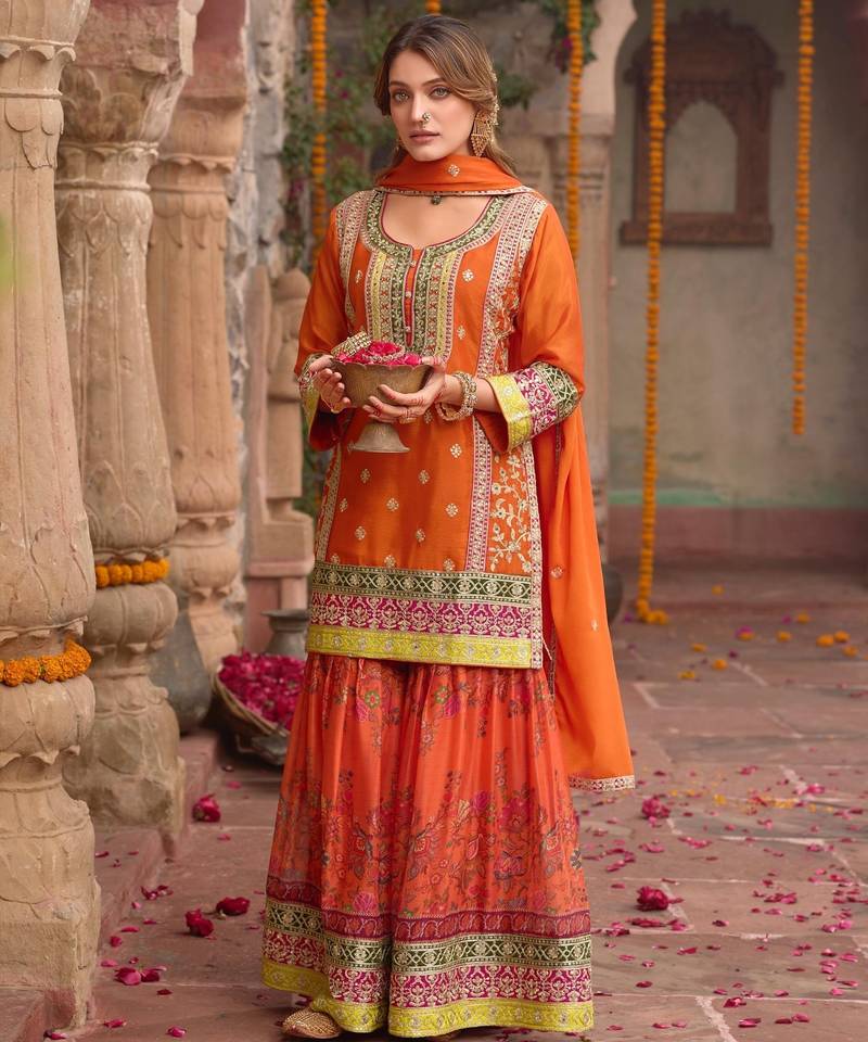 Orange chinon readymade palazzo suit with codding dori & sequence work - full stitched free size