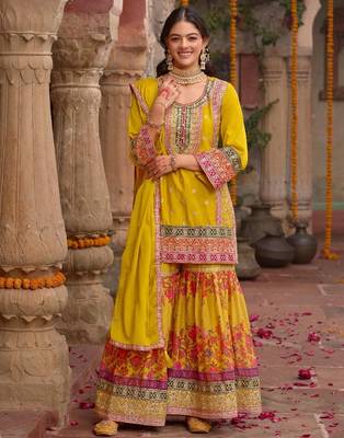 Yellow chinon readymade palazzo suit with codding dori & sequin  work - full stitched free size 1