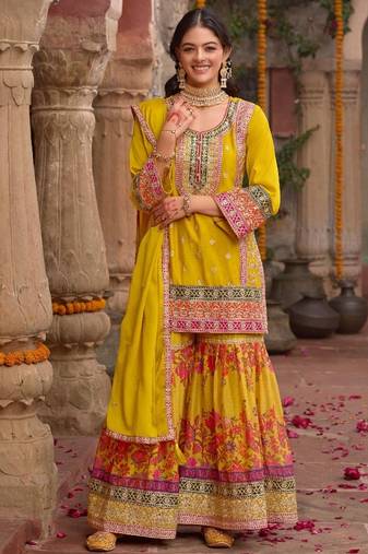 Yellow chinon readymade palazzo suit with codding dori & sequence work - full stitched free size