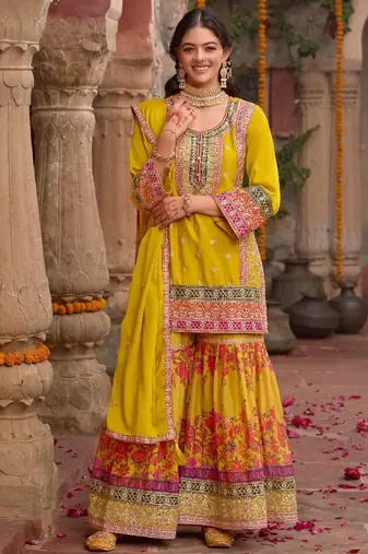 Yellow chinon readymade palazzo suit with codding dori & sequence work - full stitched free size