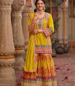 Yellow chinon readymade palazzo suit with codding dori & sequence work - full stitched free size
