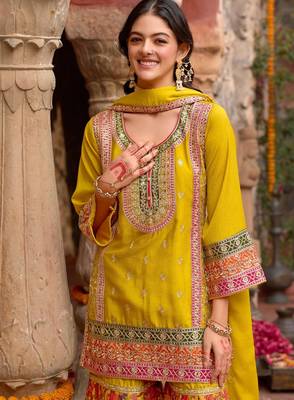Yellow chinon readymade palazzo suit with codding dori & sequin  work - full stitched free size 2