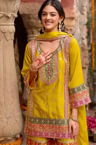 Yellow chinon readymade palazzo suit with codding dori & sequence work - full stitched free size