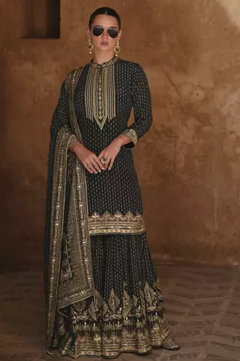 Black silk embroidered sharara suit