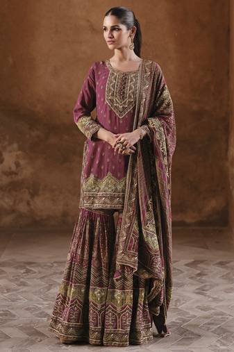 Maroon silk embroidered sharara suit