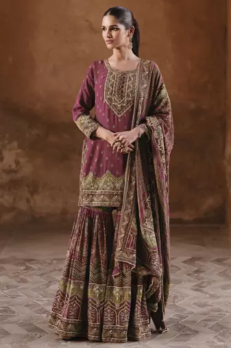 Maroon silk embroidered sharara suit
