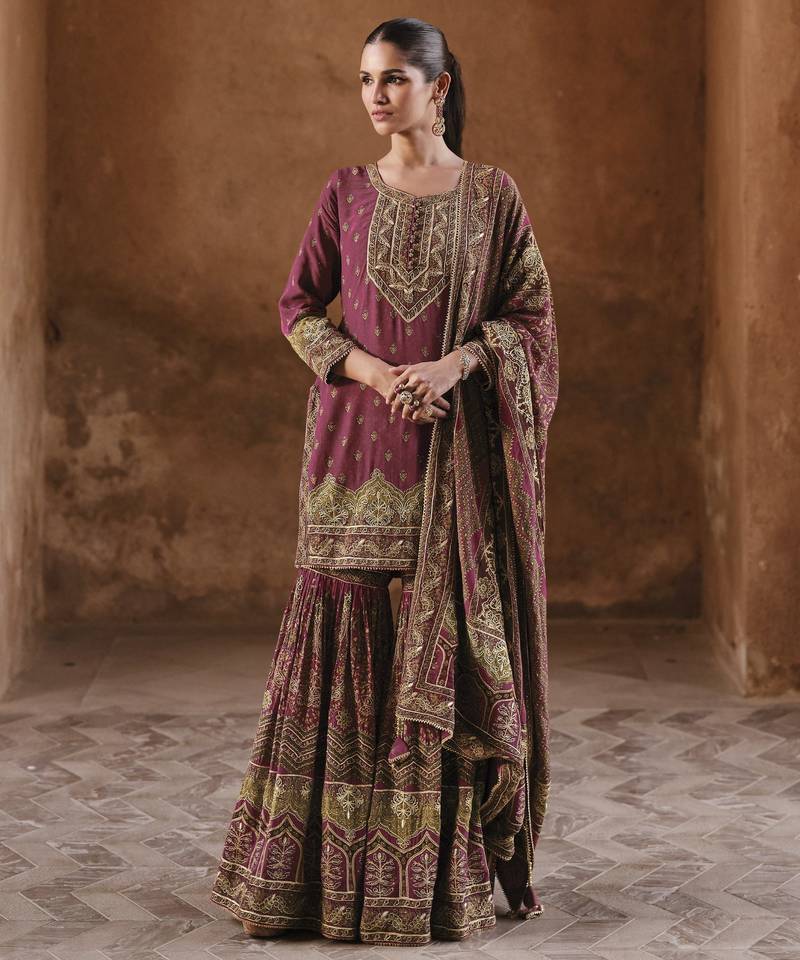 Maroon silk embroidered sharara suit
