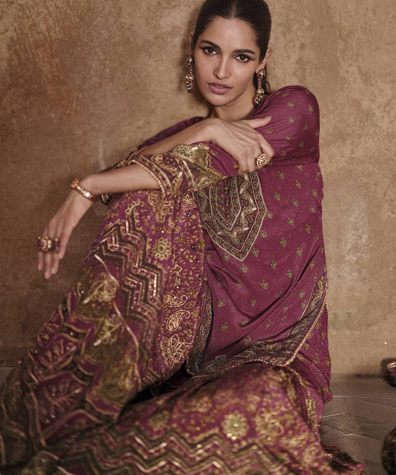 Maroon silk embroidered sharara suit