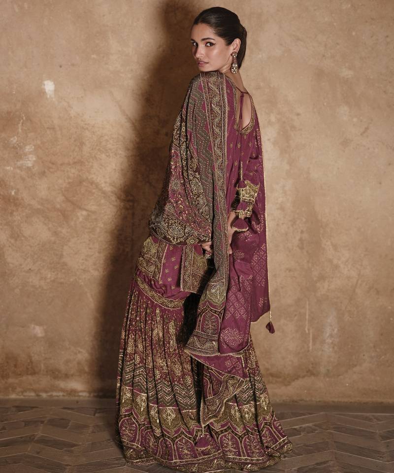 Maroon silk embroidered sharara suit