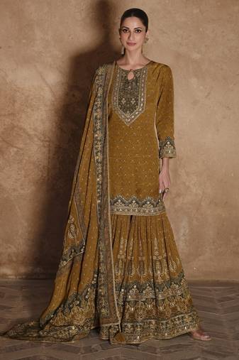 Mustard silk embroidered sharara suit