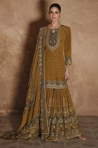 Mustard silk embroidered sharara suit