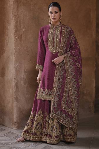Purple silk embroidered sharara suit
