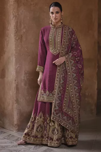 Purple silk embroidered sharara suit
