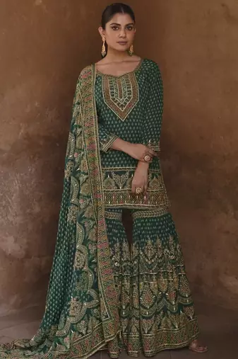Dark-green silk embroidered sharara suit