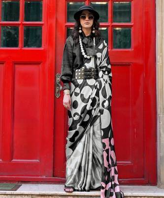 High quality spanish satin saree with satya paul inspired modern design pranch finish & matching spanish satin blouse 1