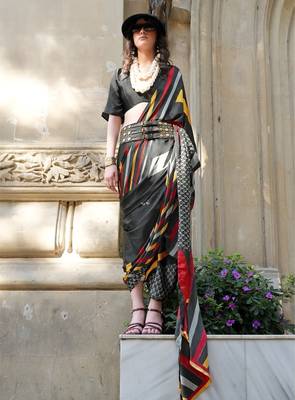 Spanish satin saree with satya paul modern design & pranch finish | premium spanish satin blouse 1