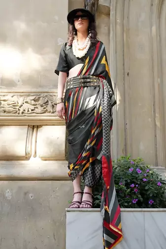 Spanish satin saree with satya paul modern design & pranch finish | premium spanish satin blouse