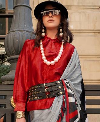 High quality spanish satin saree with satya paul inspired modern design pranch finish & matching spanish satin blouse 2