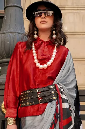 High quality spanish satin saree with satya paul inspired modern design pranch finish & matching spanish satin blouse