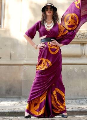 High quality spanish satin saree with satya paul inspired modern design pranch finish & matching spanish satin blouse 1